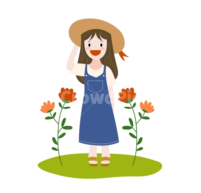 삽화,소녀,봄,꽃,들판,모자,자연,일러스트,백터,그래픽,일러스트레이션,인물,사람,illustration,graphic,여자,농업,농사,agriculture,farming,farming industry,그래픽,일러스트레이션,graphic,illustration
