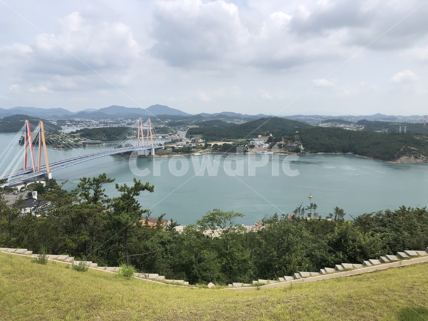 바닷가,다리,구름,전망,동산