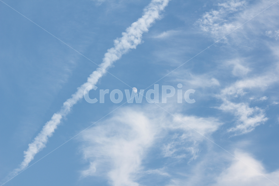 sky,feather clouds,nature,line,clear,fluffy clouds,cloud,contrail,moon,blue,air transport