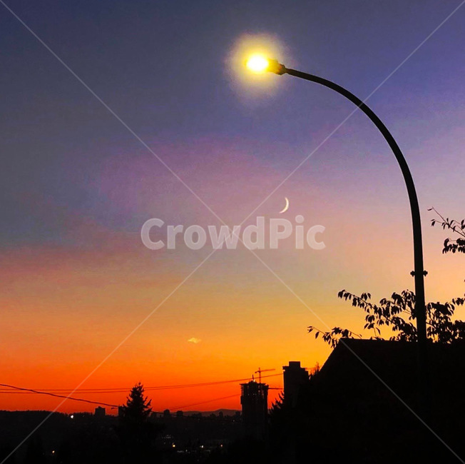 가로등,하늘,노을,달,분위기,streetlight,sky,sunset,moon,mood