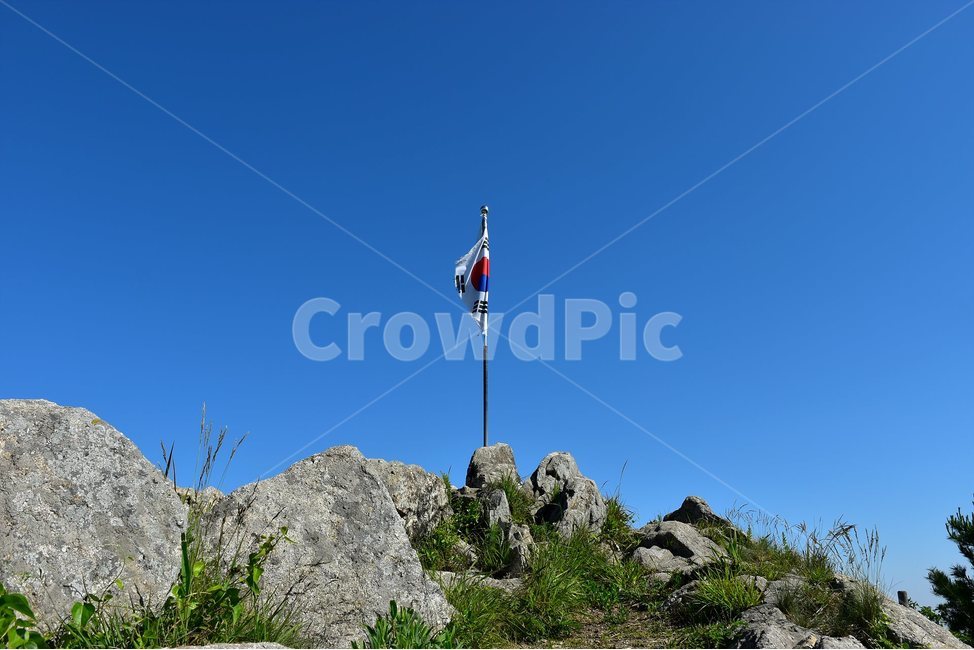 설화산,정상,조망,풍경,산행,아산,파란,하늘,힐링,등산,경치,태극기