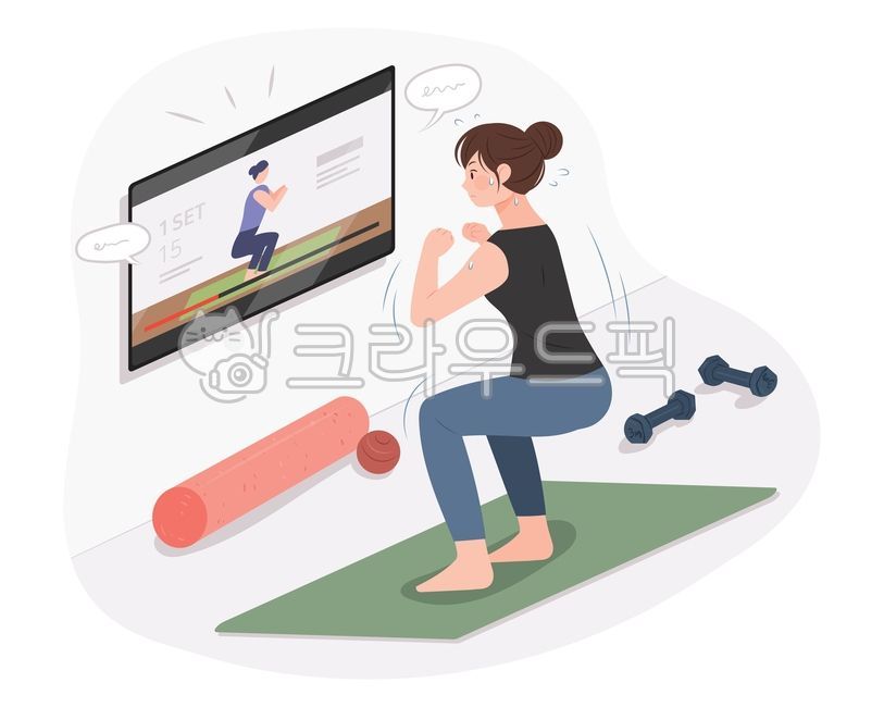 운동,피트니스,체력,헬스,건강,일러스트,벡터,여자,여성,라이프,운동복,홈트,트레이닝,온라인,영상,동영상,tv,폼롤러,운동기구,매트,아령,마사지볼,스쿼트,근력운동,다이어트,체력관리,관리,몸,사회적거리두기,여가시간,집,홈,방,사람,인물,캐릭터,건강한,홈트레이닝,홈피트니스,요가매트,건강,헬스웨어,헬스케어,healthware,health care,그래픽,일러스트레이션,graphic,illustration