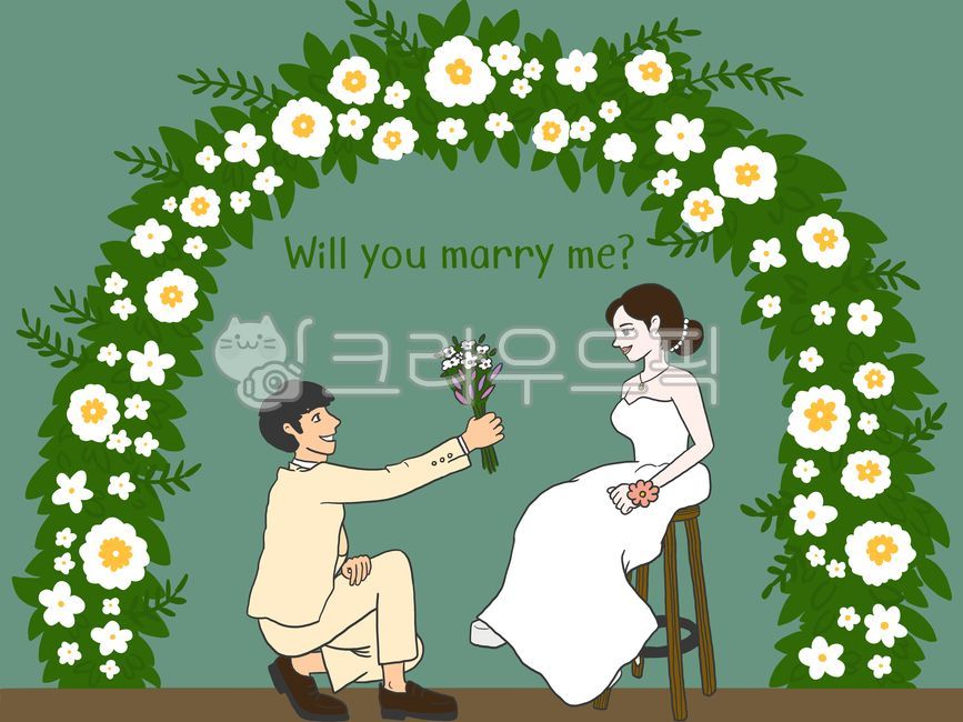 Proposal,marriage illustration,wedding illustration,bride and groom,bouquet,arch flower decoration,kneeling groom,digital drawing,psd illustration,emotional illustration,simple dress,bride illustration,groom illustration,wedding background,p