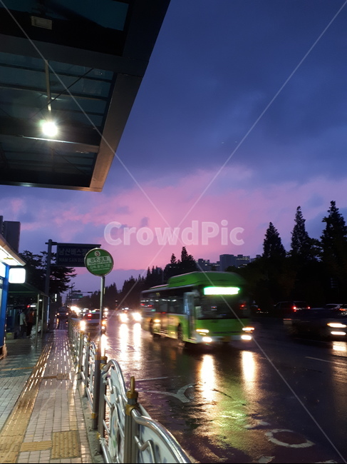 하늘,정류장,일몰,보라색,sunset,sky,cloud,town,버스,bus,비,rain,busstation,도로,road,야경,nightview