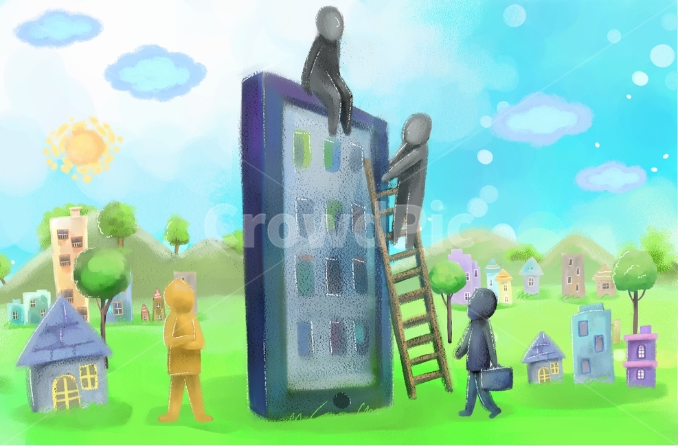 비즈니스,비즈니스맨,회사원,회사,남자,사람,대기업,직장인,직장,경영,영업,기업,워크,업무,금융,근로자,비전,진취,노력,젠틀맨,거래,계약,페인터,일러스트,회화,삽화,그림,상황,캐릭터,전화기,폰,핸드폰,휴대폰,스마트폰,어플리케이션,앱,궁금함,관심,혁신,커뮤니케이션,개발,홍보,개발자,전시,대화,만짐,관찰,사다리,올라감,올라탐,쳐다봄,집,들판,산,하늘,해,구름,나무,잔디,비즈니스,사업,business,service,work,그래픽,일러스트레이션,graphic,illustration