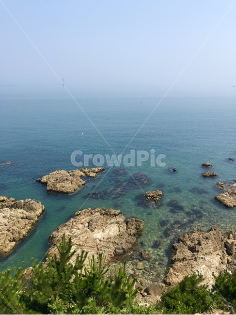 바다,하늘,날씨,푸른빛,해안가,바위,나무,초록,파랑,지평선,풍경,배경