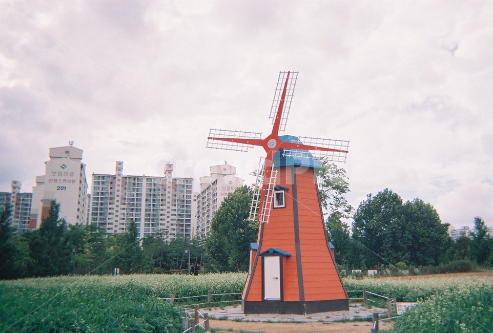 풍차,공원,하늘,감성,아날로그,바탕,배경,풍경,나무,건물,아파트,tree,여름,summer,오후,저녁,느낌,느낌있는,호수공원,울타리,sky,주황,orange,가을,fall,계절,season,색감,초록,연두,따뜻한,자연,산책,나들이,nature