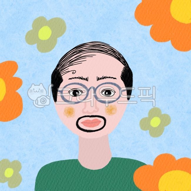 대머리,캐릭터,꽃,남자,face,head,머리,초상화,그림,painting