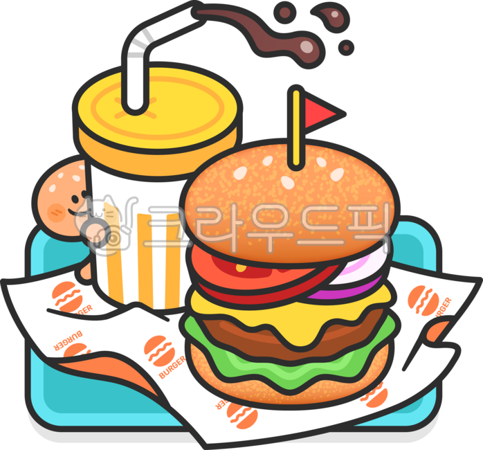 간식,음식,패스트푸드,햄버거,버거,불고기버거,콜라,음료,빵,토마토,양파,적양파,치즈,체다치즈,패티,양상추,깃발,쟁반,트레이