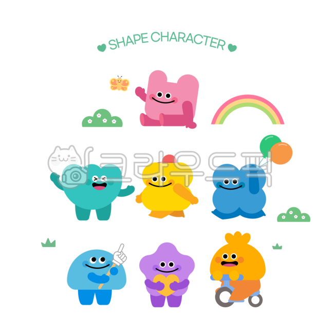 도형캐릭터,모양캐릭터,도형,캐릭터,마스코트,카툰캐릭터,스티커,프레임,귀여움,활동,놀이,상상,일러스트,움직임,기쁨,초등,활동지,걷기,앉기,타기,가리키기,웃음,신남,나비,풍선,자전거,하트,무지개,나무,꽃,풀밭,유아,어린이,놀이시간,창의,자연,야외활동,공원,햇살,소풍