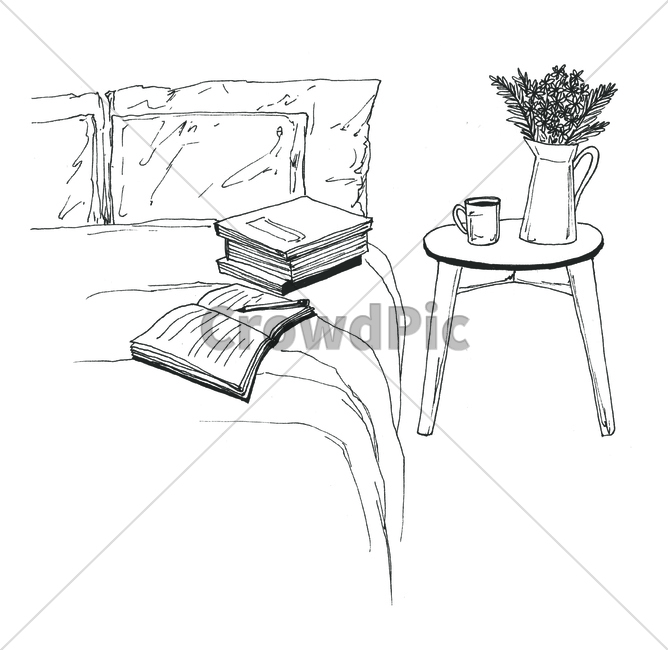 손그림,handdrawing,펜화,penpicture,pendrawing,침대,bed,berth,방,room,티테이블,teatable,bunk,책,book,화분,flowerpot,pot,컵,cup