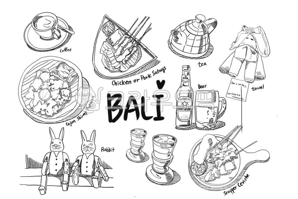 라인드로잉,손그림,핸드드로잉,선드로잉,미술,아트,카툰,만화체,선,여행,발리,발리인형,커피,주전자,맥주,꼬치,발리음식,호텔수건,토끼인형,밥,식사