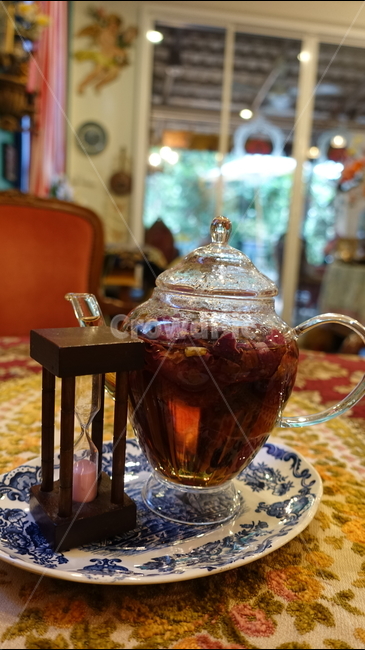 카페,cafe,tea,차,티,모래시계,유리다관,홍차,핑크,장미꽃,rose
