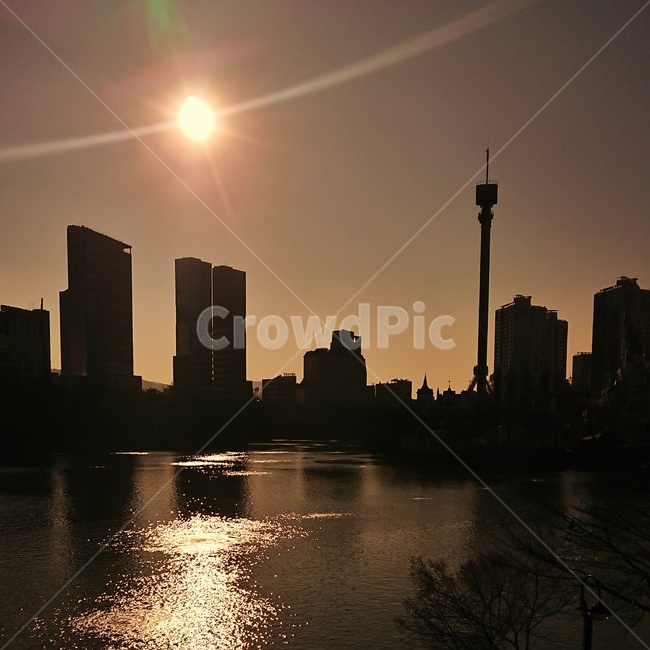 빛,light,flare,플레어,호수,lake,건물,해질녘,sunset