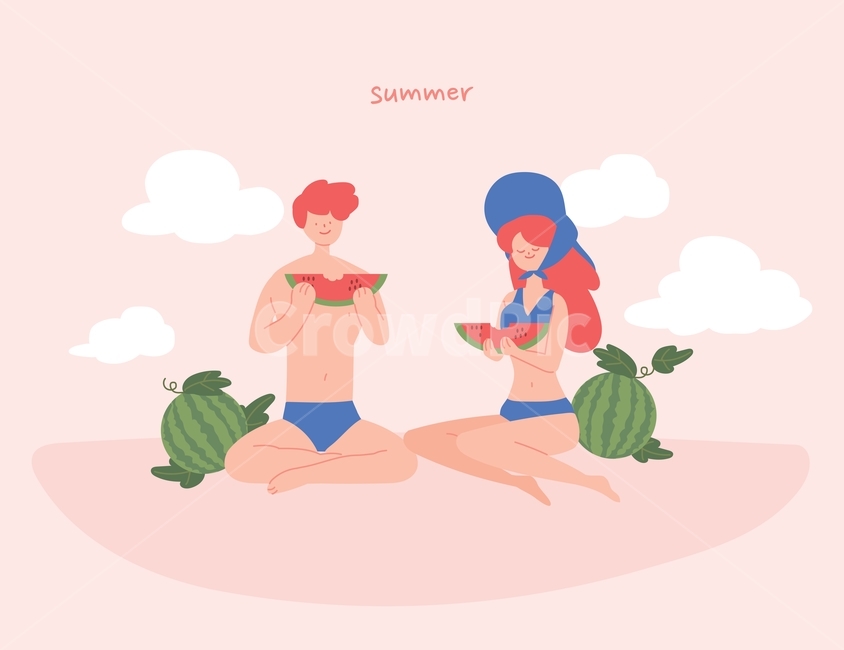 수박,워터멜론,수영복,남자,여자,커플,과일,먹는,구름,하늘,여름,비키니,귀여운,캐릭터,인물,사람,분홍,파스텔,상황,삽화,일러스트,벡터,손그림,summer,그래픽,일러스트레이션,graphic,illustration