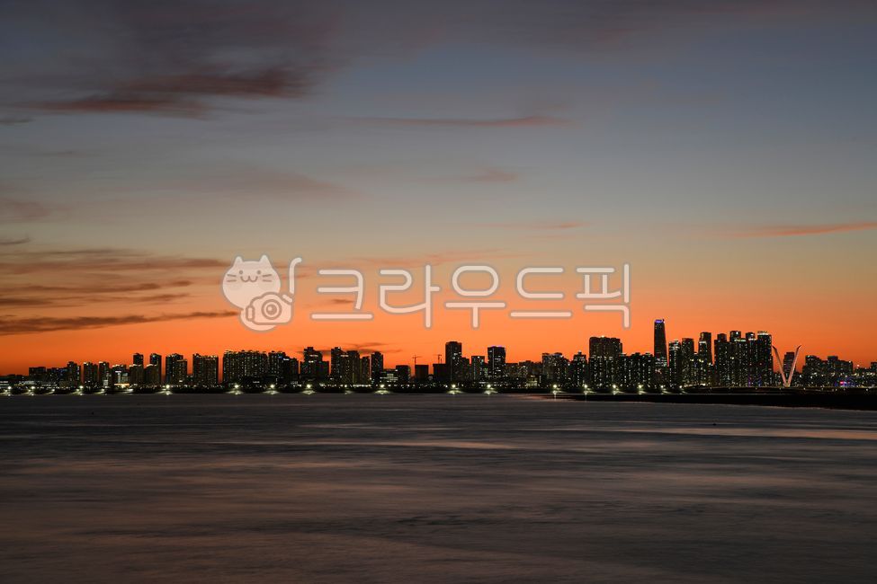 night view,ocean,evening glow,a flaming sunset,nature,sunset,sight,Songdo New Town