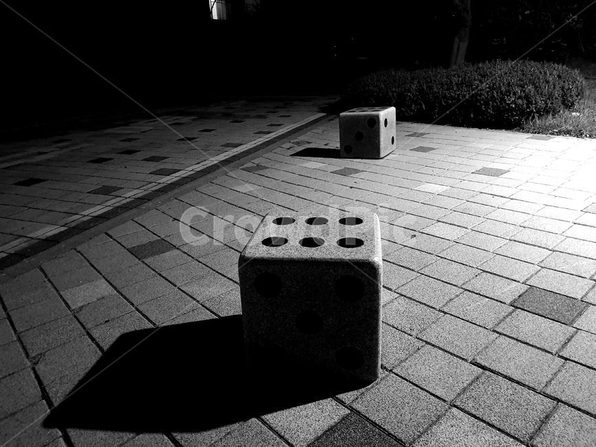 flooring,바닥,wood,나무,주사위,dice,운,운명,흑백,조형물,밤,불빛,암흑