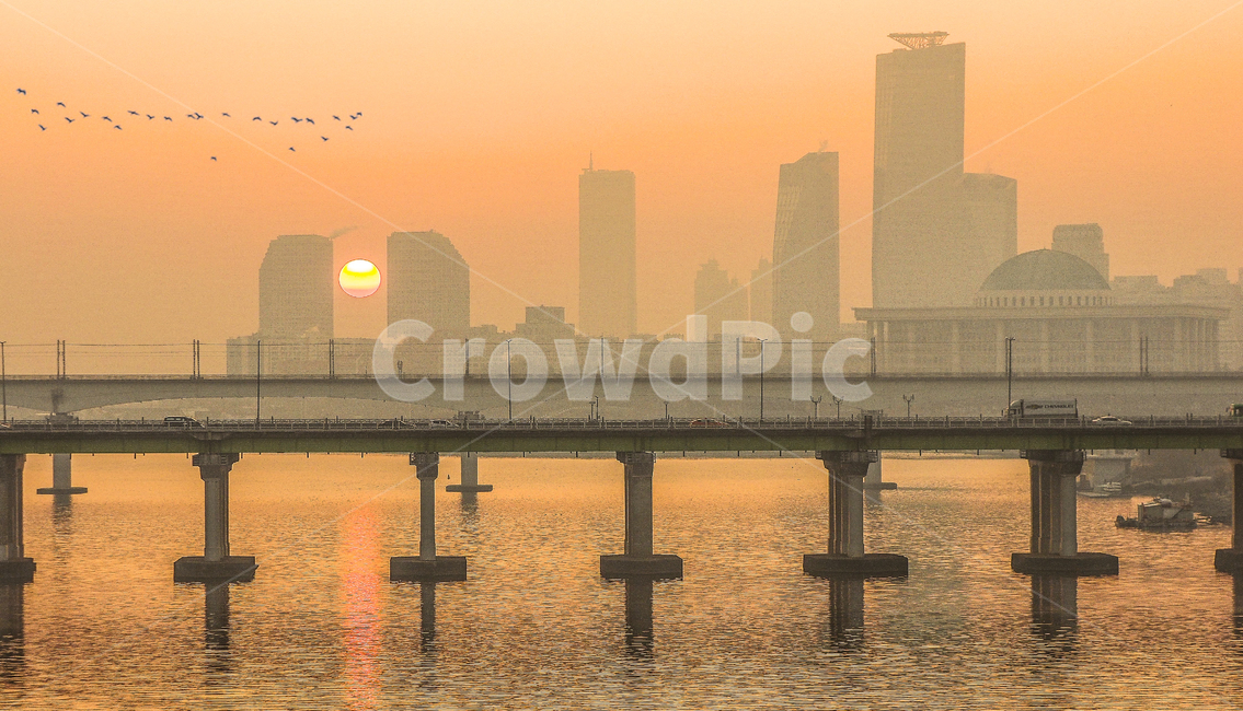일출,쌍둥이빌딩,태양,여의도,한강,양화대교,철새,기러기,도시,풍경,city,landscape,한국도시풍경,한국도시경관,korea cityscape,water,물,waterfront,워터 프론트,port,포트,dock,독,pier,교각