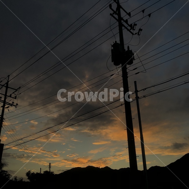 powerlines,power line,autumn scenery,telegraph pole,sun,sunset,nightfall,cable,terminated,Sky of Autumn,utilitypole