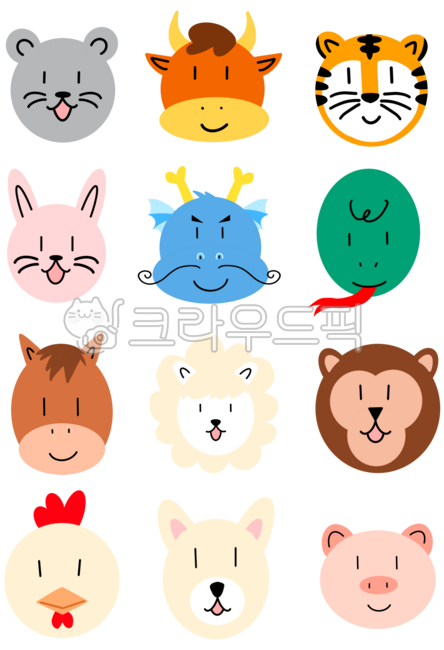 12지신,십이지신,십이간지,동물,일러스트,쥐,소,호랑이,토끼,용,뱀,말,양,원숭이,닭,개,돼지,얼굴,동물얼굴,유치원,어린이집,다채로운,컬러풀,깔끔한,귀여운,세트,모음,컬렉션