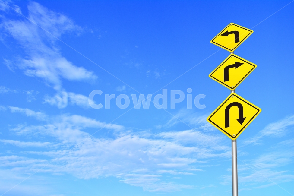 indicator,symbol,arrow,sign,securities,road,turning point,sky,aroadign,three directions,investment,left turn,Square,trafficsignage,crossroads,Uturn,on the road,indication,hesitation,conflict,trading,my way,road sign,careful,yellow,clouds,life,right turn,p