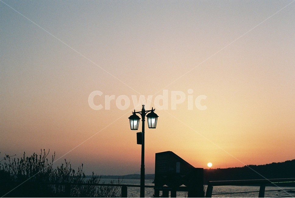 Beach,ocean,fire,nightfall,Street lamp