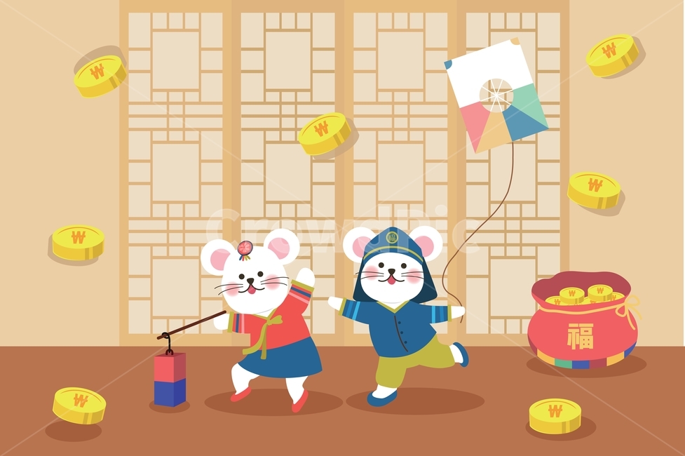 설날,경자년,쥐띠,한복,복,새해,연날리기,복주머니,하얀쥐,재물,용돈주세요,귀여운,일러스트,플렛,한국문화,부자,동전,newyear,새해,new year,그래픽,일러스트레이션,graphic,illustration
