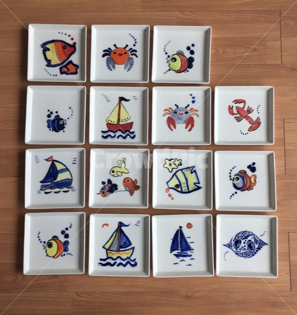 도자기페인팅,바다,사각접시,배,물고기,가재,예술,art