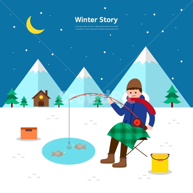 달,산,얼음,낚시,물고기,나무,겨울,겨울,계절,winter,season,스포츠,레저,운동,sports,leisure,exercise,그래픽,일러스트레이션,graphic,illustration
