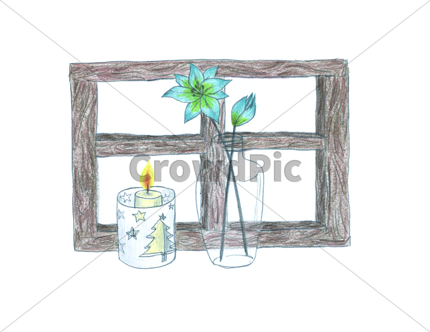 꽃,flower,bloom,blossom,blow,색연필,coloredpencil,양초,candle,taper,화병,vase,창문,window,손그림,그래픽,일러스트레이션,graphic,illustration
