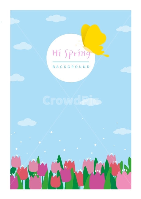 illustration,vector,튤립,봄튤립,노랑나비,분홍꽃,분홍튤립,빨간튤립,나비,튤립배경,하늘,sky,구름,하늘배경,벗,봄배경,봄이미지
