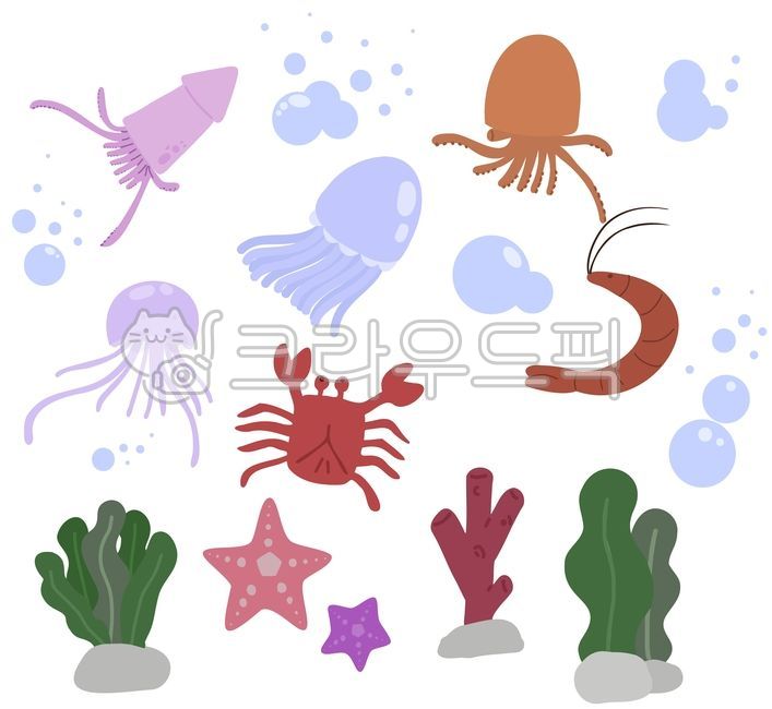 바다속,바다,해양생물,해조류,해양식물,해산물,새우,주황,귀여운,일러스트,각갑류,게,붉은색,캐릭터,꽃게,갑각류,문어,해물,오징어,분홍,해파리,파랑,산호,자연,빨강,회색,해초,별,핑크,장식,불가사리,식물,초록,심플,추상,유기적,다시마,미역