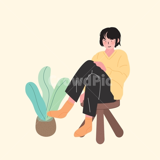앉은사람,앉다,의자,일러스트,손그림,벡터,컨셉,디자인소스,젊은,동양인,여자,여유로운,화분,휴식,사람,사람,인물,인간,human,person,그래픽,일러스트레이션,graphic,illustration