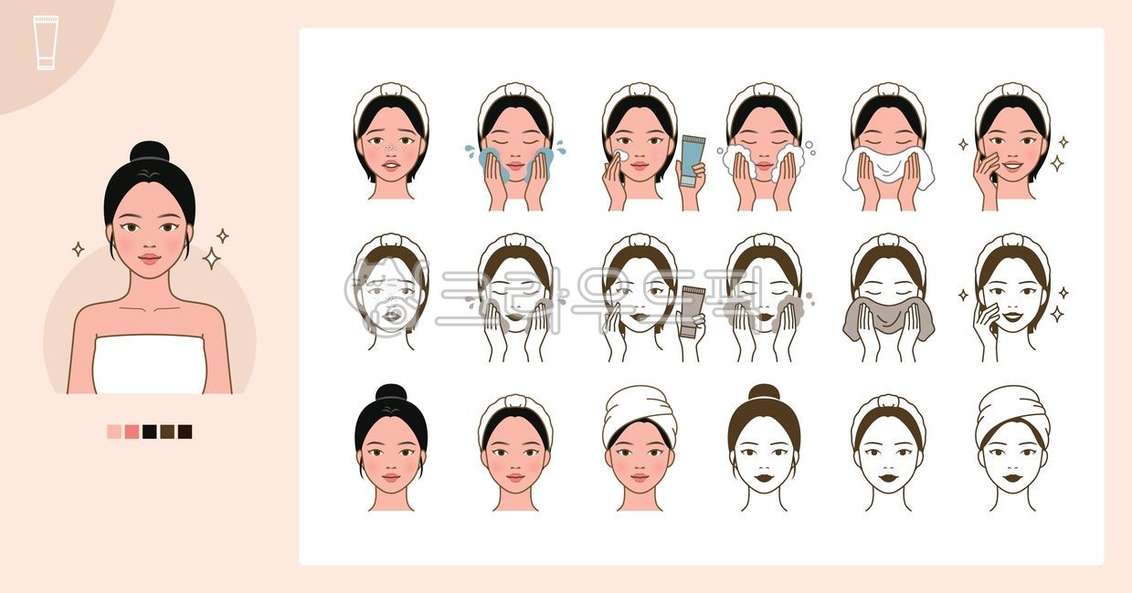 클렌징,세수,세안,거품,수건,폼,클렌징폼,폼클렌징,씻다,씻는,스킨케어,피부,뷰티,피부관리,관리,케어,미용,아름다운,아름다움,여자,여성,사람,얼굴,캐릭터,프로세스,과정,순서,루틴,아시아,아시아인,한국인,인종,다양한