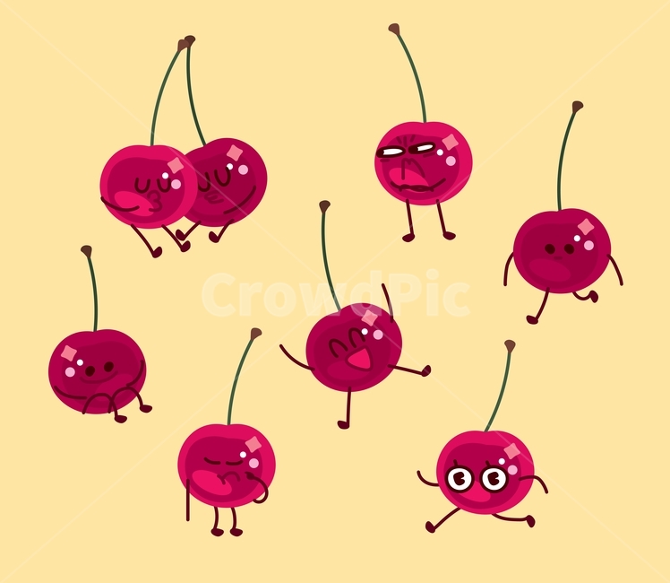 캐릭터,체리,표정,포즈,귀여운,일러스트,벡터,커플,달리기,걷는,못마땅한,웃음,스마일,장식,이모티콘,세트,컬렉션,과일,열매,fruit,그래픽,일러스트레이션,graphic,illustration