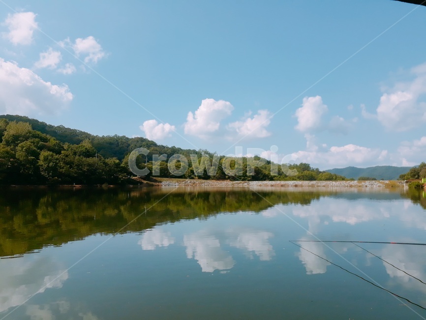 저수지,산,낚시터,풍경,여름