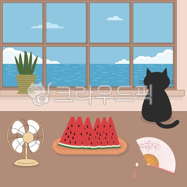 바다,고양이,부채,선풍기,바다배경,수박,수박일러스트,일러스트,화분,스투키,하늘,창문,과일,음식,food,fruit