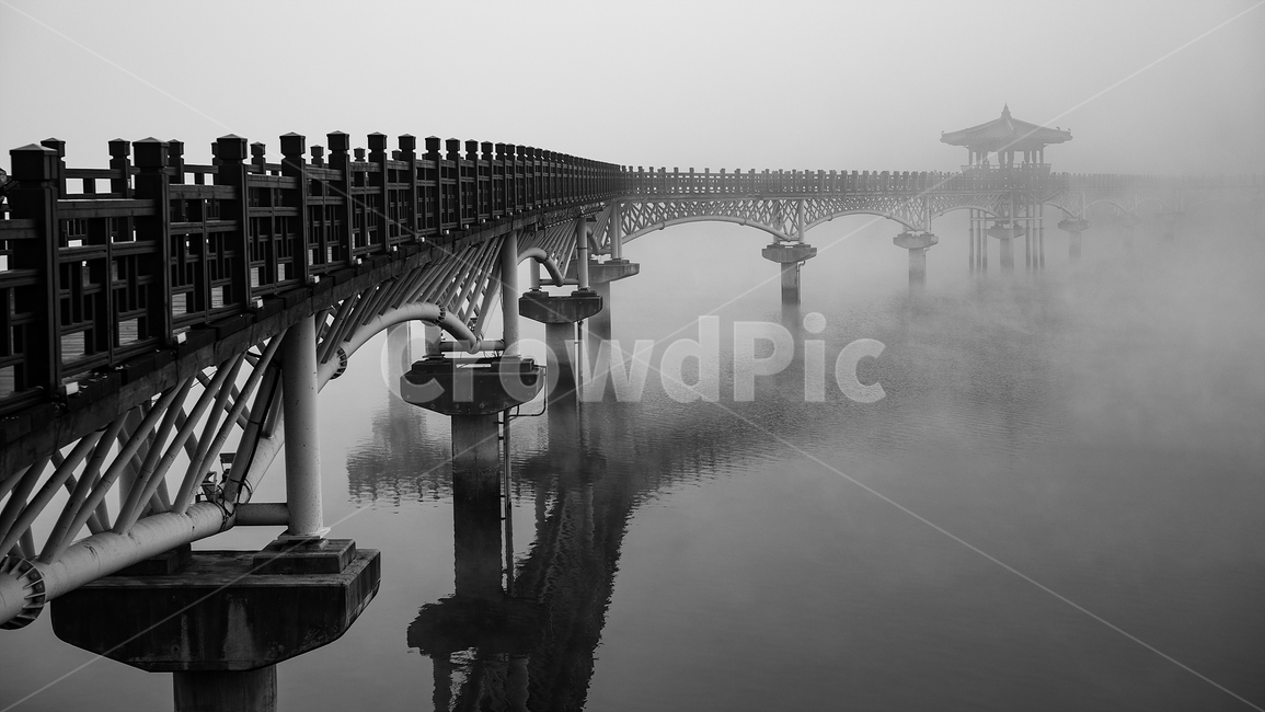 안개,새벽,가을아침,다리,희미한,흑백,모노톤,monochrome,black and white,건축물,건물외관,exterior,building,structure,architecture,construction