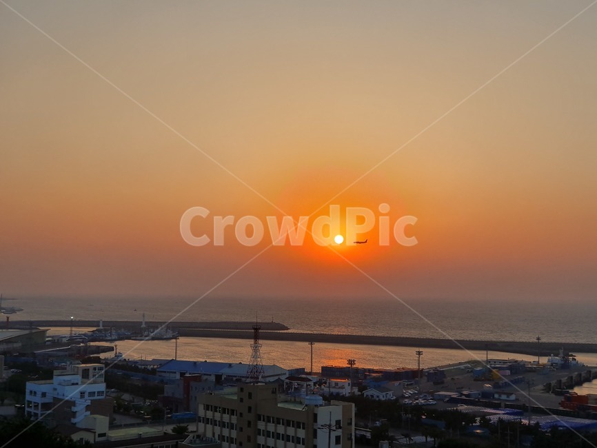 제주도,일몰,태양,바다,저녁,노을,비행기,바닷가,바닷마을,제주