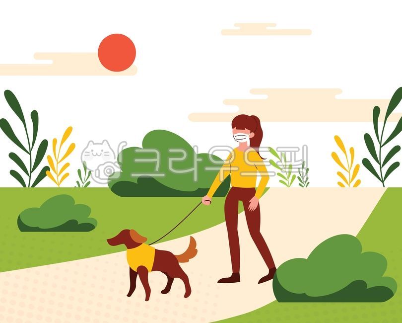 Wearing,snood,covid,simple,character,walking,flat,vector,female,corona,Flat illustration,prevention,park,pet,together,mask,Character,master,etiquette,puppy,person,background,illustration,dog,walk