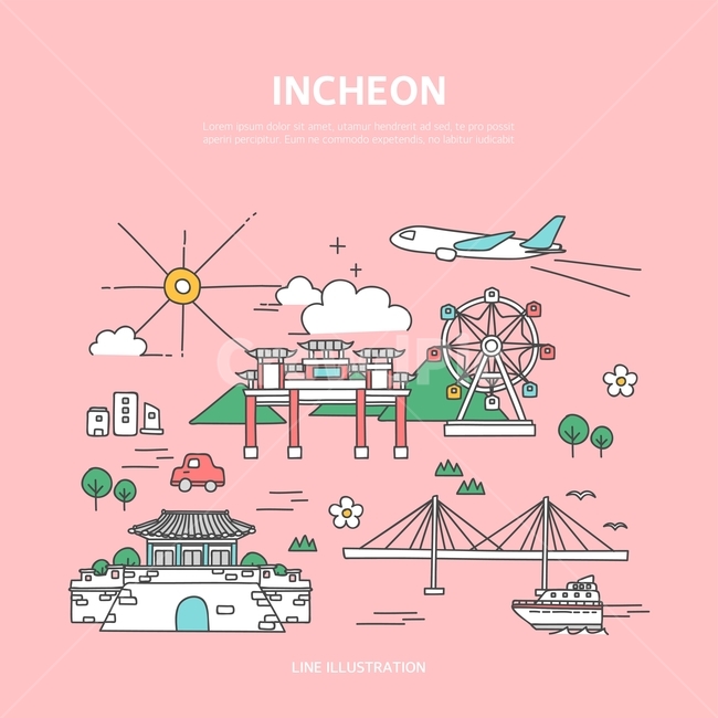 Line icon,Incheon,airplane,vacation,Chinatown,land mark,illustration,travel
