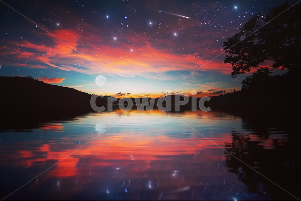 노을,반영,하늘,별,달,저수지,자연,풍경,nature,landscape,야경,밤,nightscape,night,색깔,색상,색채,색감,color sense,color sensitivity,feeling of color,outdoors,옥외,sky,dawn,새벽,sunset,일몰,dusk,황혼,red sky,붉은 하늘