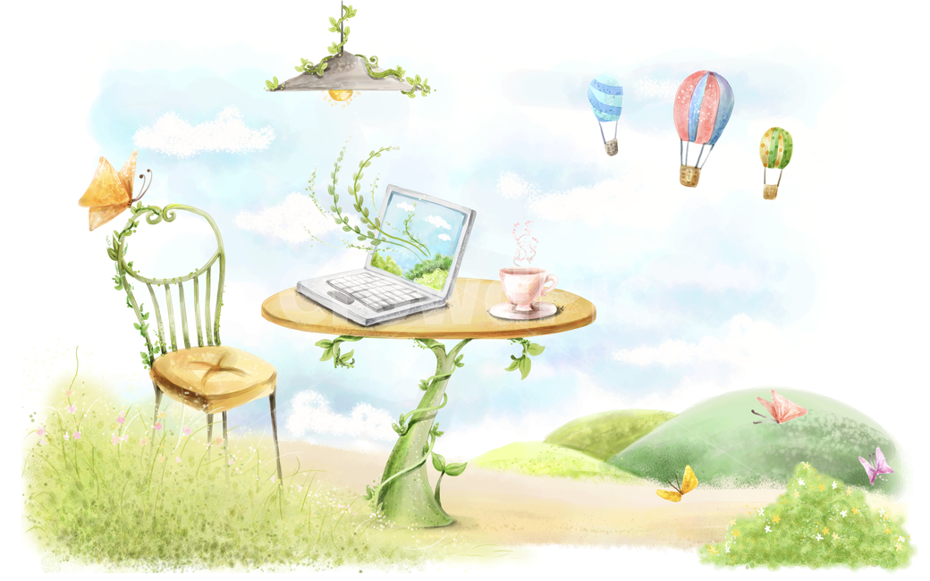 작업실,컴퓨터,노트북,카페,테이블,의자,기구,커피,차,tea,coffee,나비,산,들,들판,초원,언덕,구름,하늘,넝쿨,자연,감성,풍경,여유,여행,나무,식물,잡초,풀,소품,가구,곤충,꽃,인테리어,삽화,동화,일러스트,페인터,plant