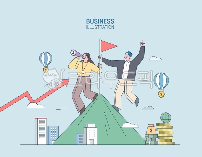 비즈니스,마케팅,남자,여자,비지니스맨,비지니스우먼,산,정상,막대그래프,화살표,깃발,건물,빌딩,돈,비즈니스,사업,business,service,work,그래픽,일러스트레이션,graphic,illustration