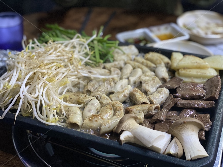곱창,야채,음식,버섯,불판