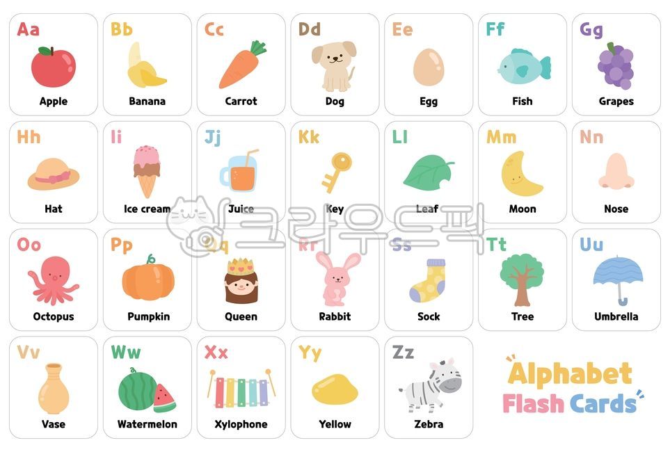 Alphabet,English words,abc,alphabet poster,English study,learn,words,English,learning materials,study,cute,illustration,poster,apple,banana,carrot,puppy,egg,fish,grape,hat,ice cream,juice,key,leaf,moon,nose,octopus,pumpkin,que