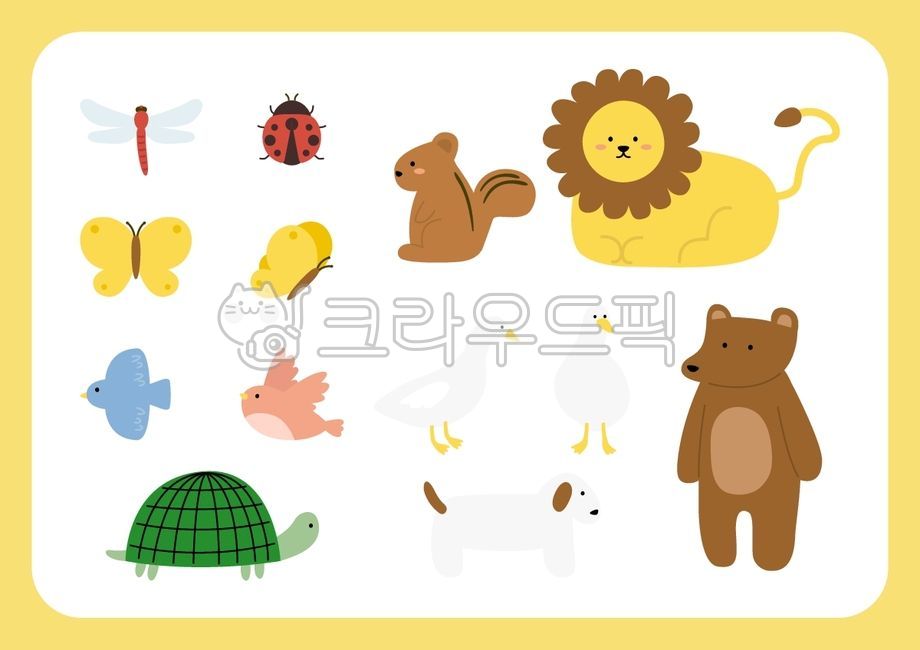 Illustration,vector,object,element,decoration,deco,ornament,cute,animal,character,dragonfly,red dragonfly,ladybug,insect,bug,butterfly,bird,turtle,tortoise,squirrel,duck,goose,puppy,dog,companion animal,pet,bear,lion,wild anima