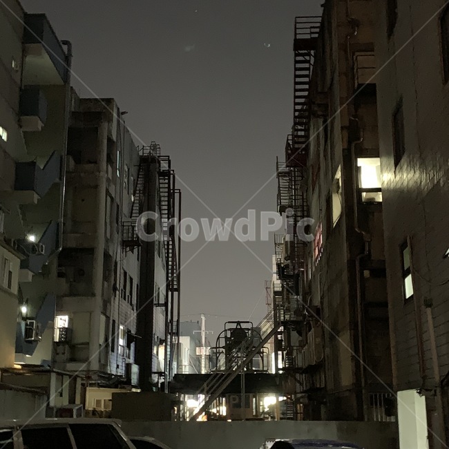 골목,난간,밤,골목길,건물,골목길,alley