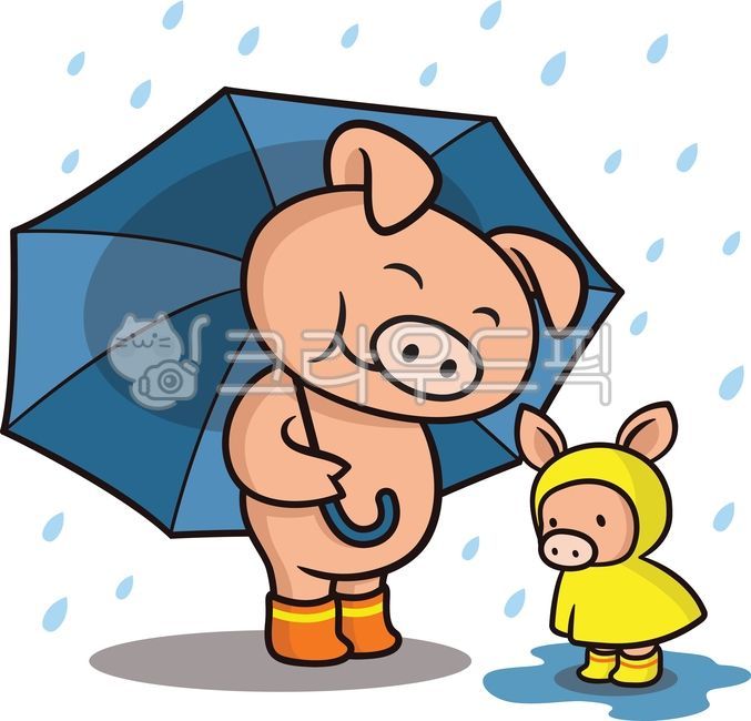 돼지,돼지그림,돼지일러,돼지일러스트,돼지일러스트레이션,비,장바,우산,비옷,아기돼지,장화,가족,물장난,웅덩이,우의,비오는날