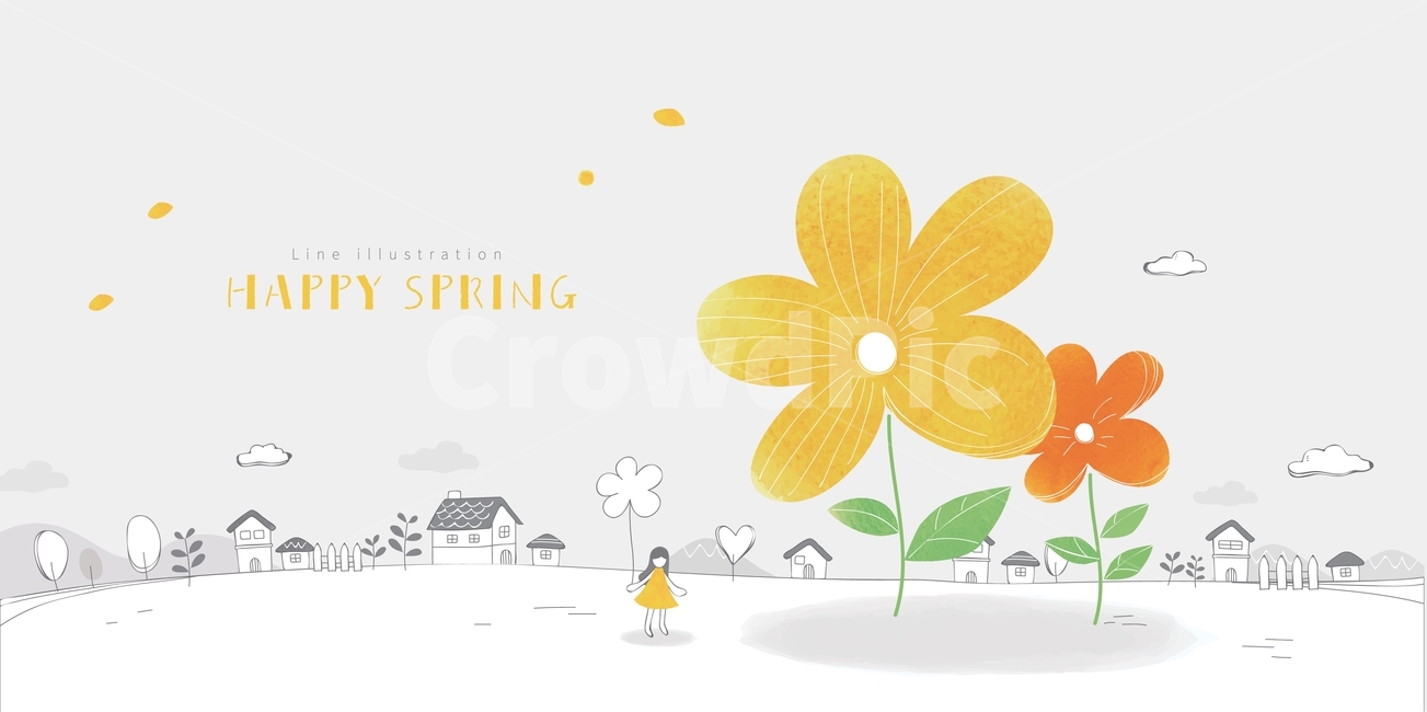 꽃,봄,마을,집,여자,소녀,감성,백그라운드,배경,봄,계절,spring,season,꽃,flower,그래픽,일러스트레이션,graphic,illustration,art,미술